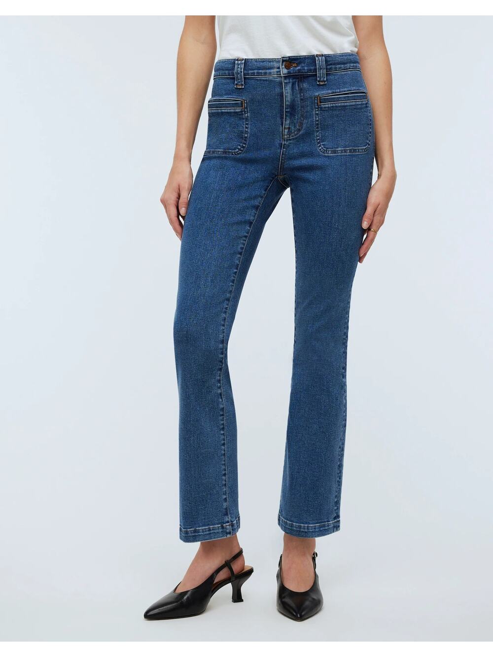 Madewell Blue Elkton Medium Wash Mid Rise Kick Out Patch Pockets Crop Jeans 29